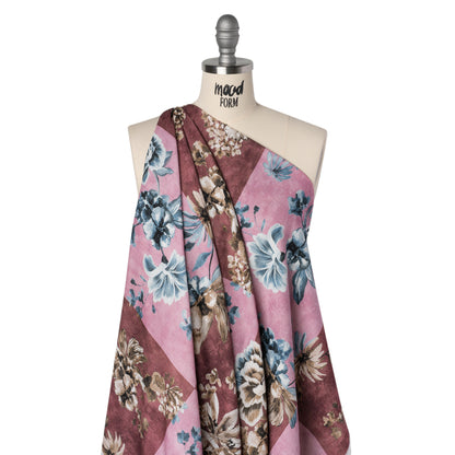 Slubbed Gauzy Cotton Woven - Rose, Brown and Blue Big Floral Checkerboard - Mood Exclusive Checkerbloom Print