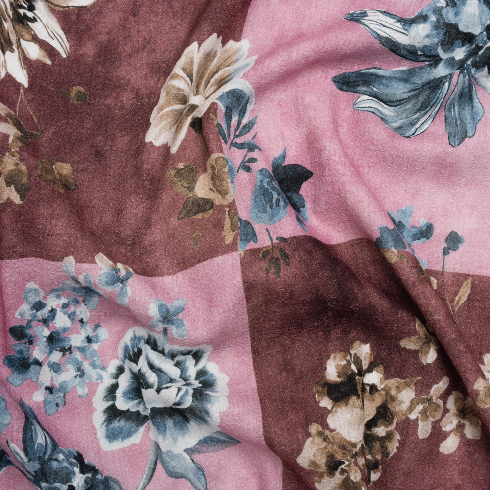 Slubbed Gauzy Cotton Woven - Rose, Brown and Blue Big Floral Checkerboard - Mood Exclusive Checkerbloom Print