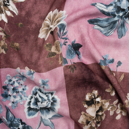 Slubbed Gauzy Cotton Woven - Rose, Brown and Blue Big Floral Checkerboard - Mood Exclusive Checkerbloom Print