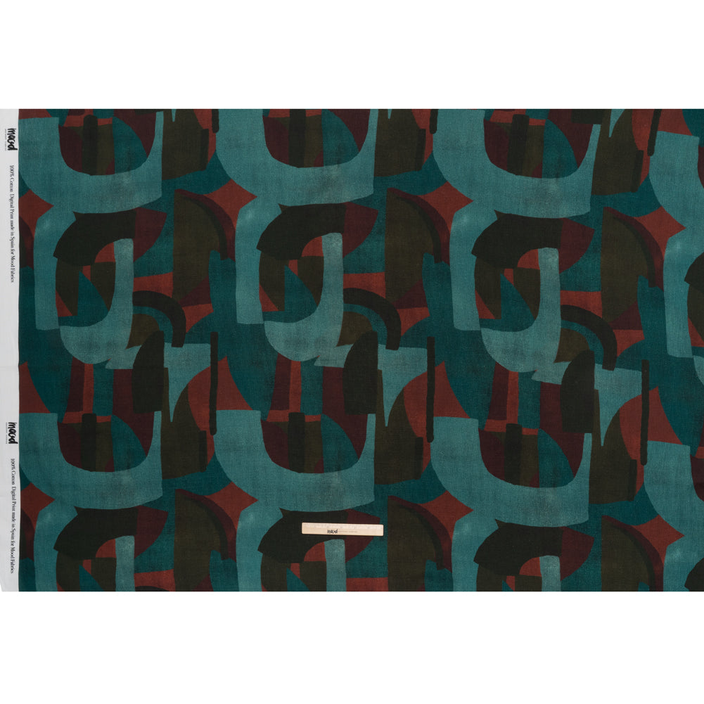 Slubbed Gauzy Cotton Woven - Teal, Burgundy and Olive Brown Geometric Abstract - Mood Exclusive Broken Symmetry Print - Full
