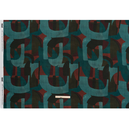 Slubbed Gauzy Cotton Woven - Teal, Burgundy and Olive Brown Geometric Abstract - Mood Exclusive Broken Symmetry Print
