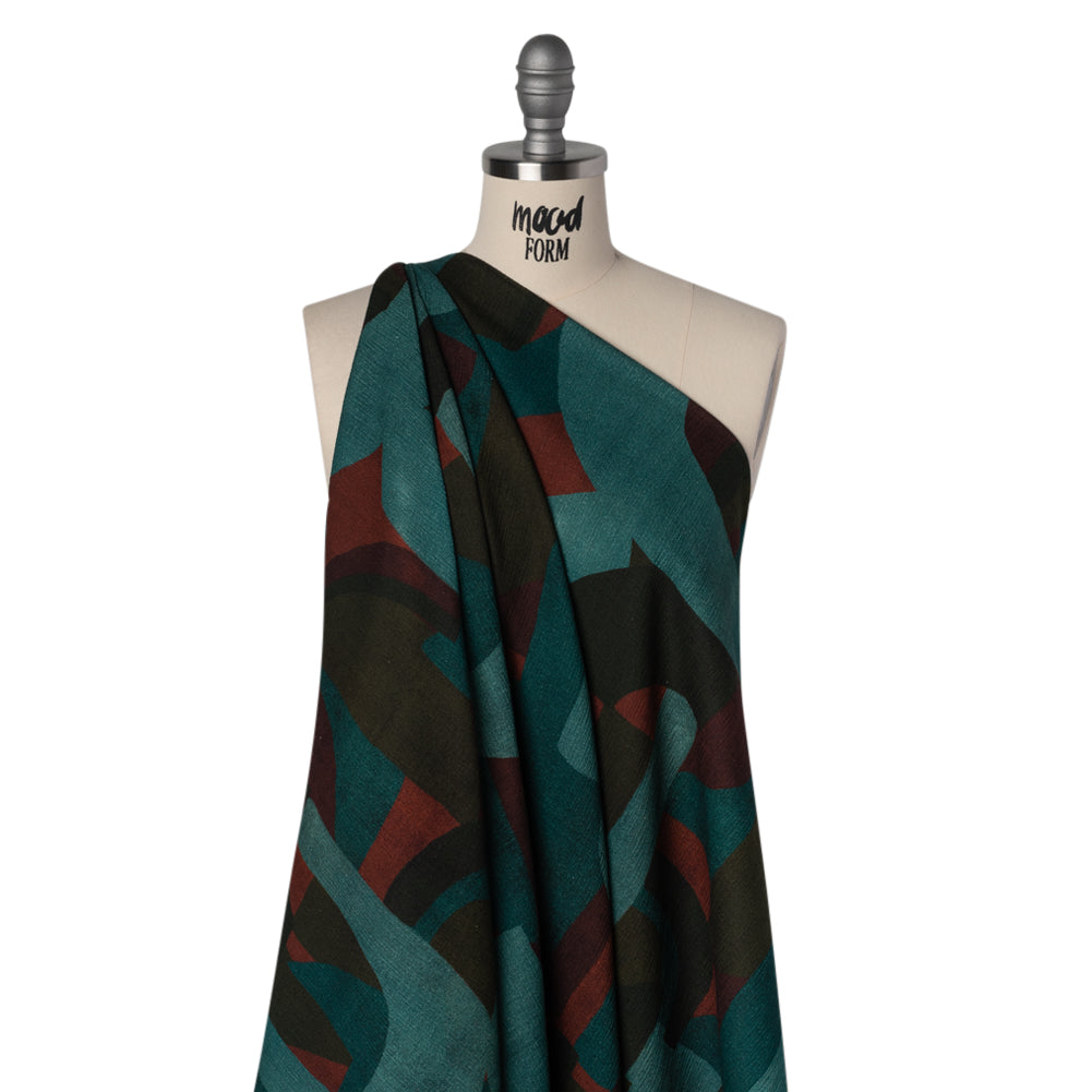 Slubbed Gauzy Cotton Woven - Teal, Burgundy and Olive Brown Geometric Abstract - Mood Exclusive Broken Symmetry Print - Drape