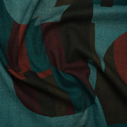 Slubbed Gauzy Cotton Woven - Teal, Burgundy and Olive Brown Geometric Abstract - Mood Exclusive Broken Symmetry Print