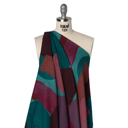 Slubbed Gauzy Cotton Woven - Teal Green, Burgundy and Magenta Painted Geometrics - Mood Exclusive Brushed Blocks Print