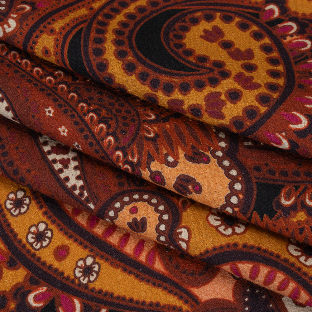 Slubbed Gauzy Cotton Woven - Brick Red, Dark Peach and Golden Ochre Paisley - Mood Exclusive Spice Market Print - Folded