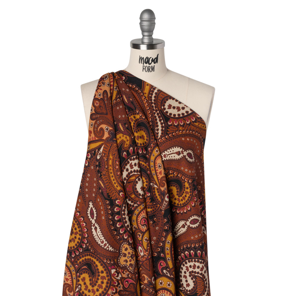 Slubbed Gauzy Cotton Woven - Brick Red, Dark Peach and Golden Ochre Paisley - Mood Exclusive Spice Market Print - Drape