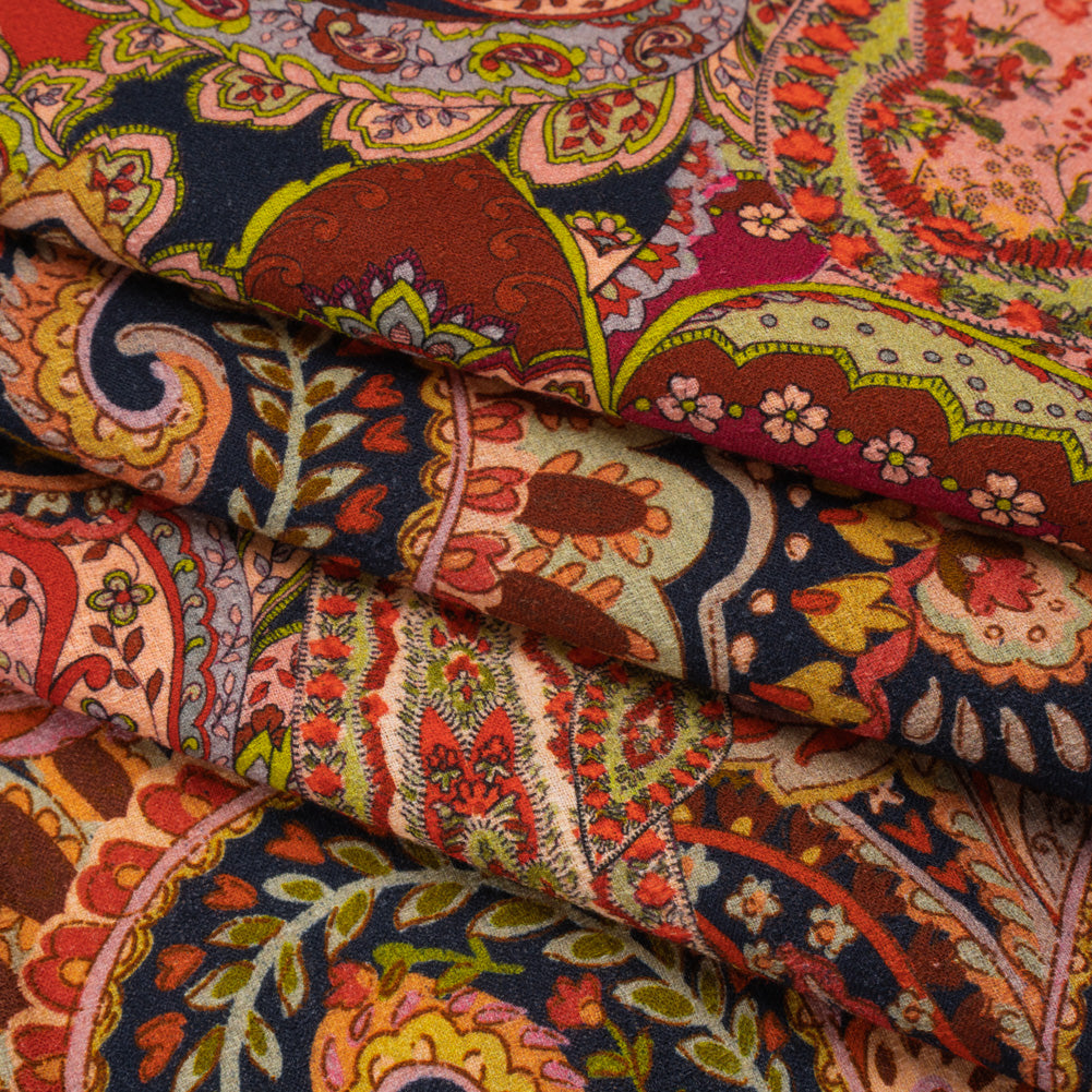 Slubbed Gauzy Cotton Woven - Lime Green, Navy Blue and Pink Paisley - Mood Exclusive Painted Paisley Print - Folded