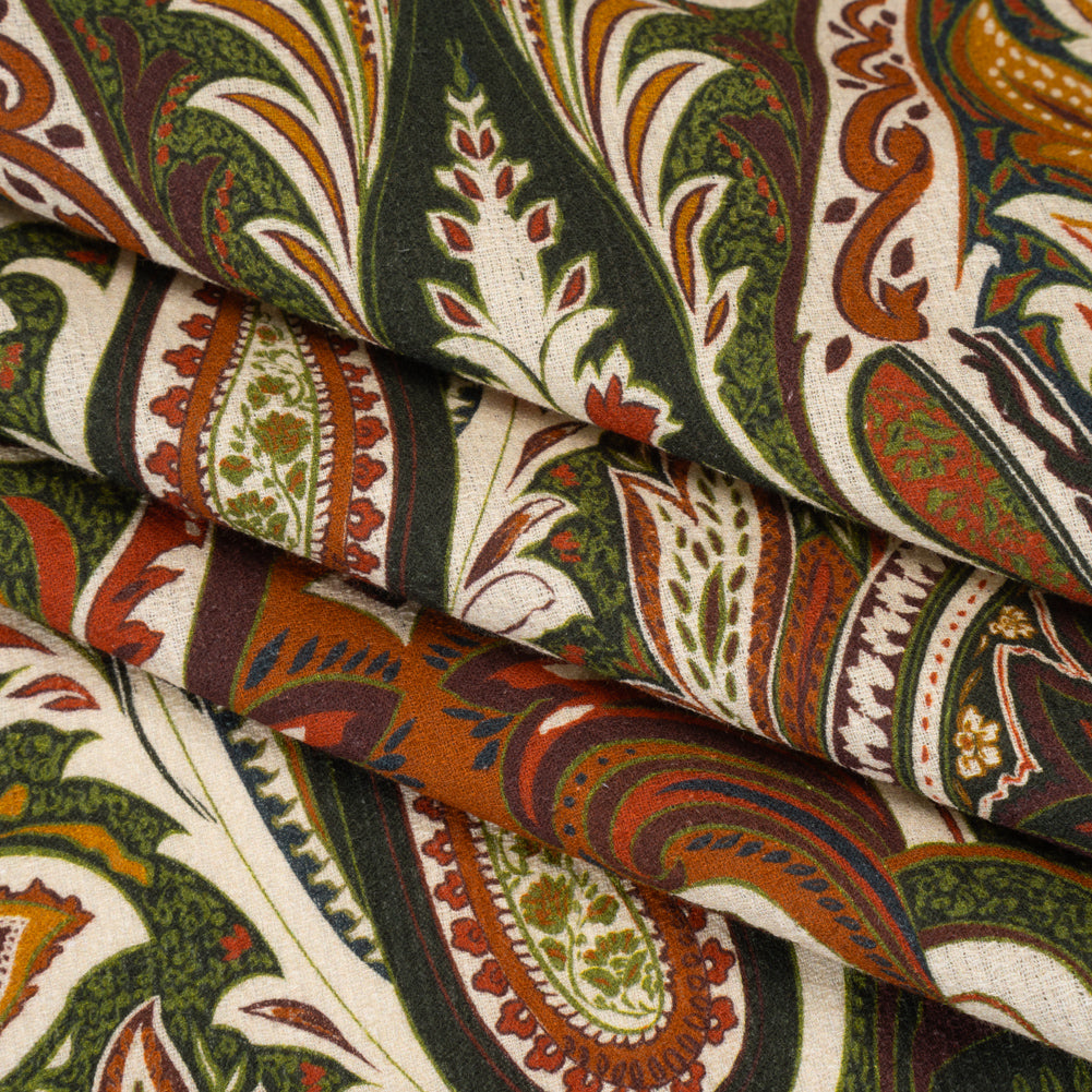 Slubbed Gauzy Cotton Woven - Cream, Forest Green and Burnt Orange Paisley - Mood Exclusive Secret Garden Scrolls Print - Folded