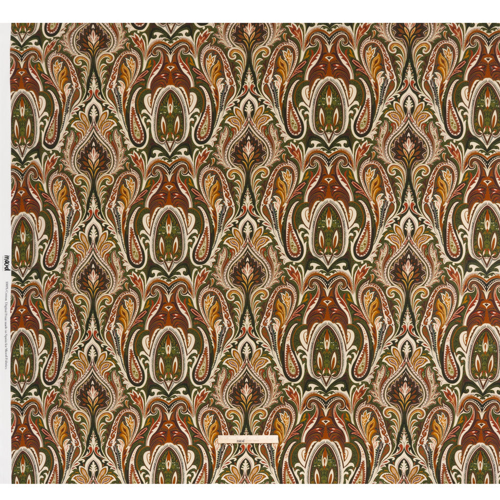 Slubbed Gauzy Cotton Woven - Cream, Forest Green and Burnt Orange Paisley - Mood Exclusive Secret Garden Scrolls Print - Full
