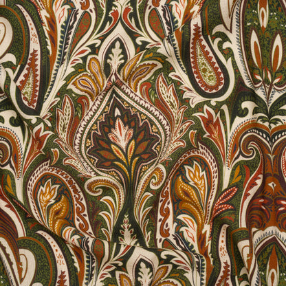 Slubbed Gauzy Cotton Woven - Cream, Forest Green and Burnt Orange Paisley - Mood Exclusive Secret Garden Scrolls Print