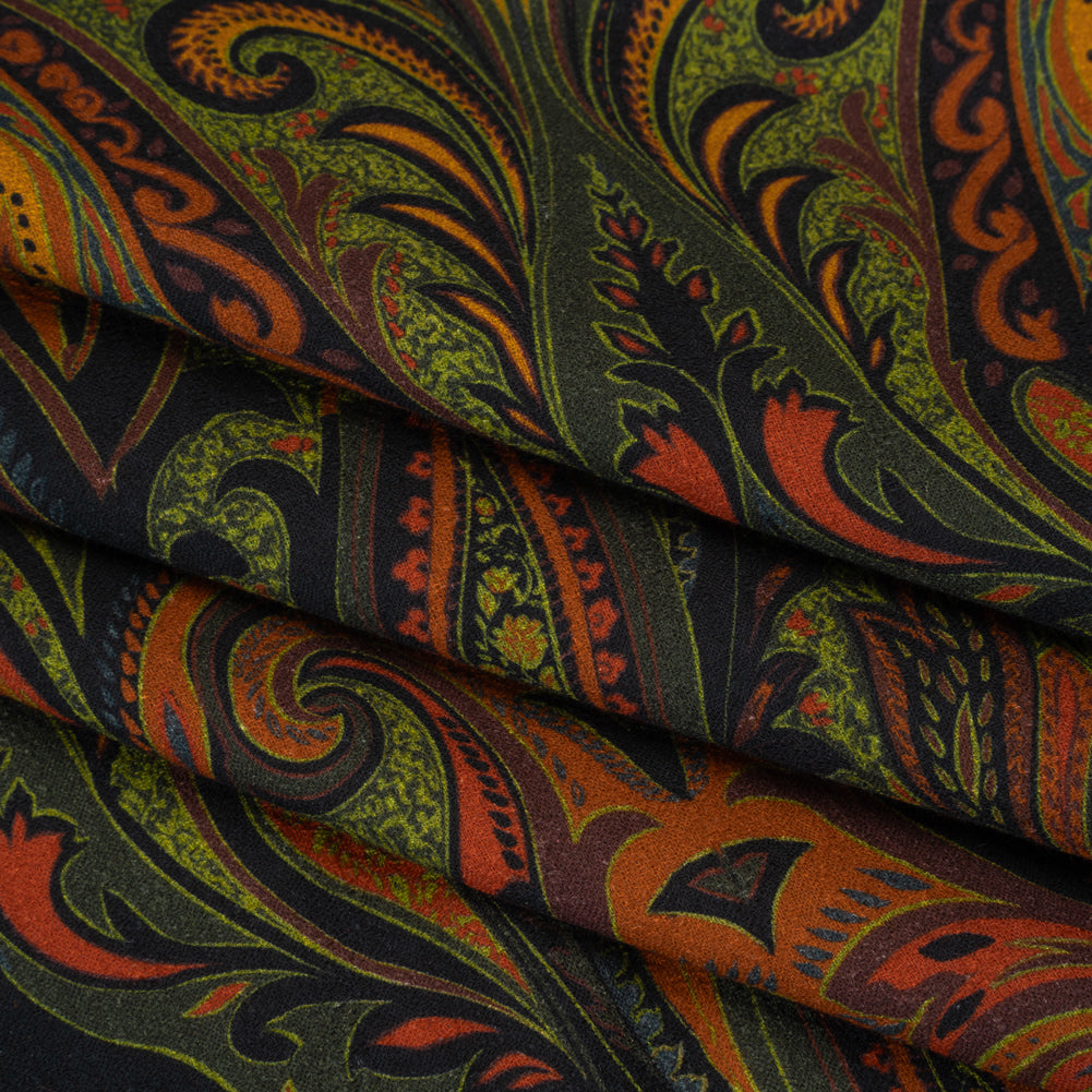 Slubbed Gauzy Cotton Woven - Forest Green, Burnt Orange and Yellow Ochre Paisley - Mood Exclusive Secret Garden Scrolls Print - Folded