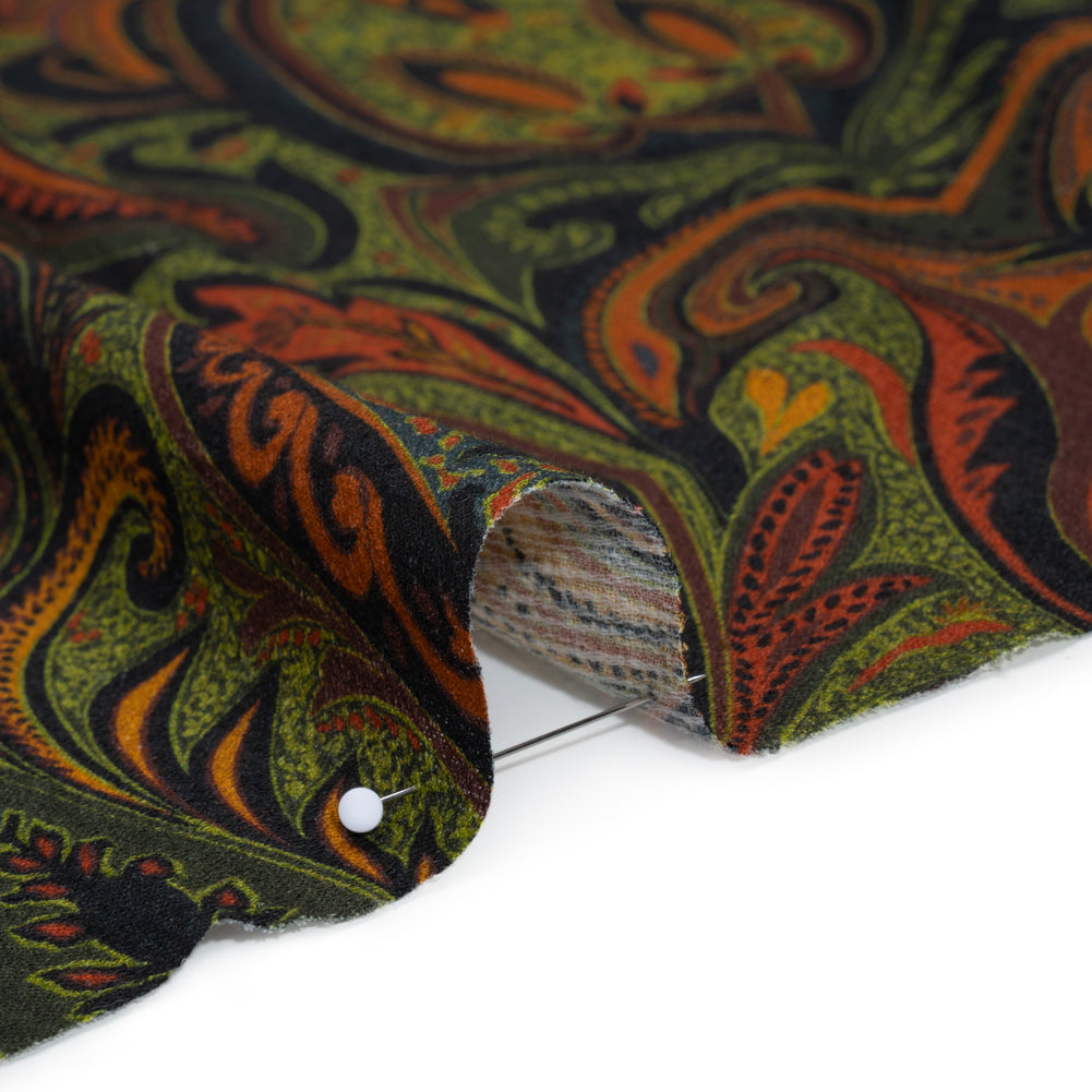 Slubbed Gauzy Cotton Woven - Forest Green, Burnt Orange and Yellow Ochre Paisley - Mood Exclusive Secret Garden Scrolls Print - Detail