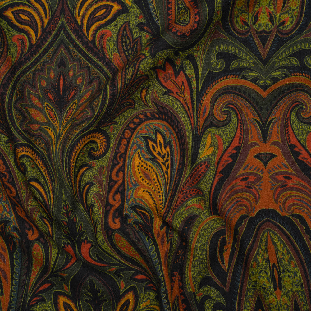 Slubbed Gauzy Cotton Woven - Forest Green, Burnt Orange and Yellow Ochre Paisley - Mood Exclusive Secret Garden Scrolls Print