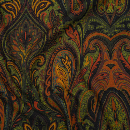 Slubbed Gauzy Cotton Woven - Forest Green, Burnt Orange and Yellow Ochre Paisley - Mood Exclusive Secret Garden Scrolls Print