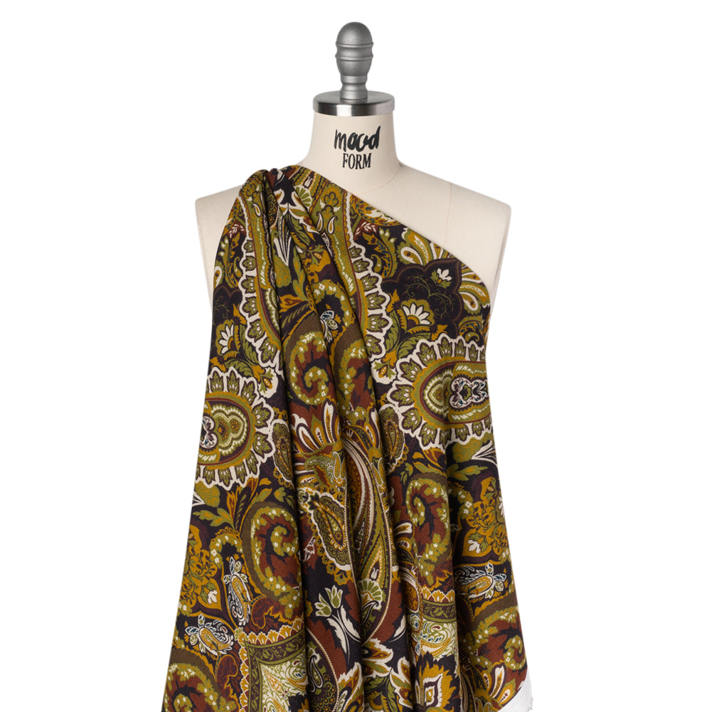 Slubbed Gauzy Cotton Woven - Dark Purple, Kiwi Green and Goldenrod Paisley - Mood Exclusive Woodland Whispers Print - Drape