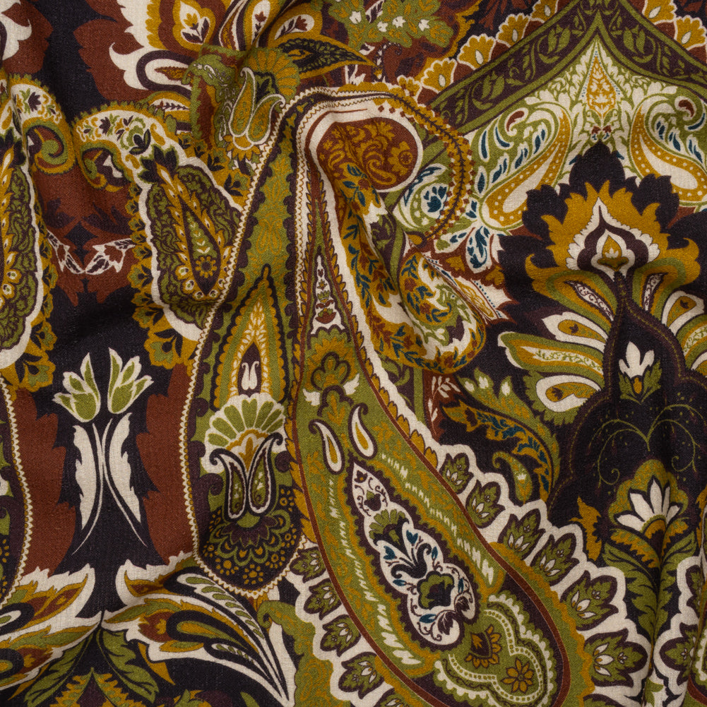 Slubbed Gauzy Cotton Woven - Dark Purple, Kiwi Green and Goldenrod Paisley - Mood Exclusive Woodland Whispers Print