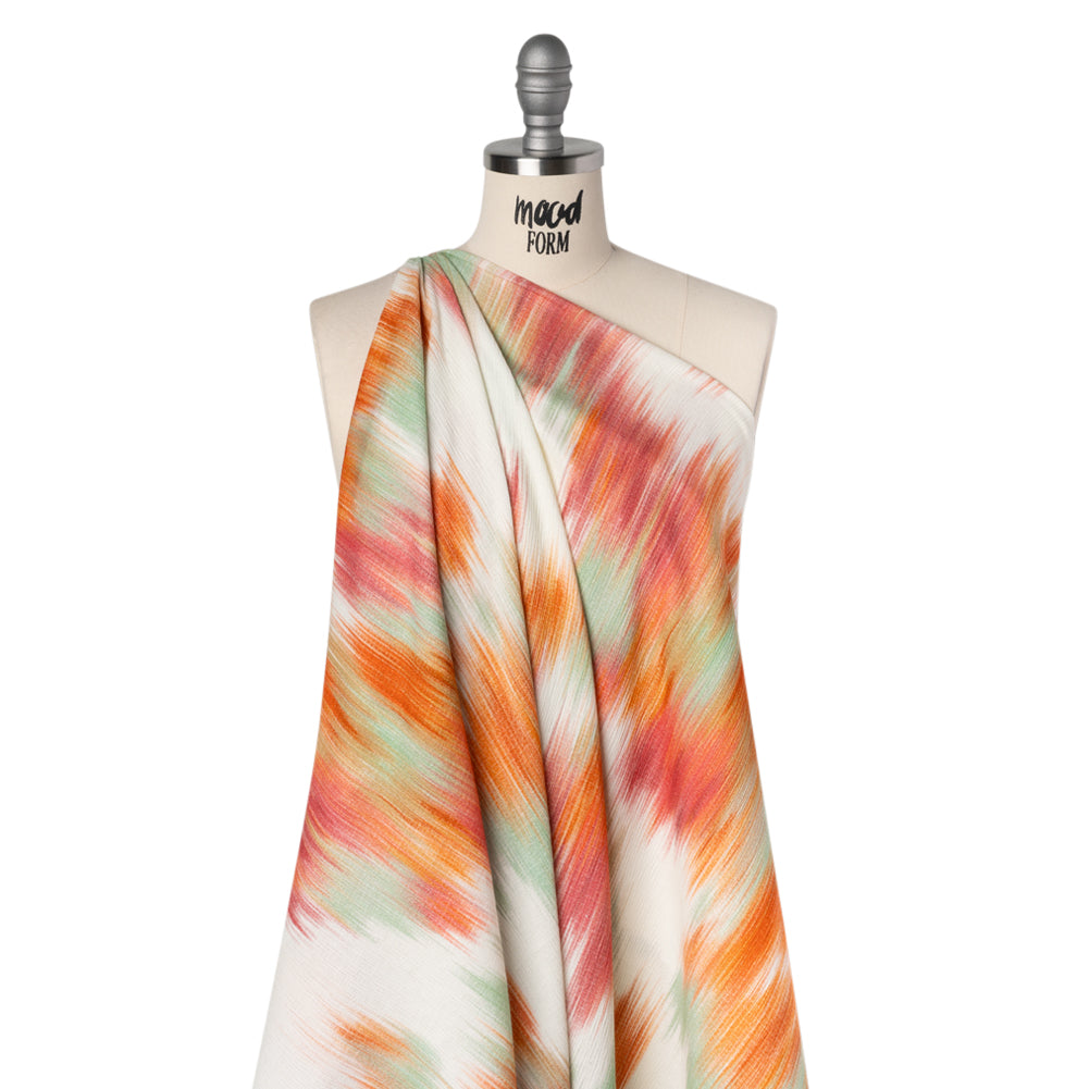 Slubbed Gauzy Cotton Woven - Sea Green, Pink and Orange Abstract Ikat - Mood Exclusive Spin Art Splash Print - Drape
