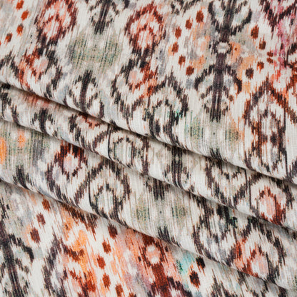 Slubbed Gauzy Cotton Woven - Red, Orange and Dark Green Geometric Ikat - Mood Exclusive Secret Symbols Print