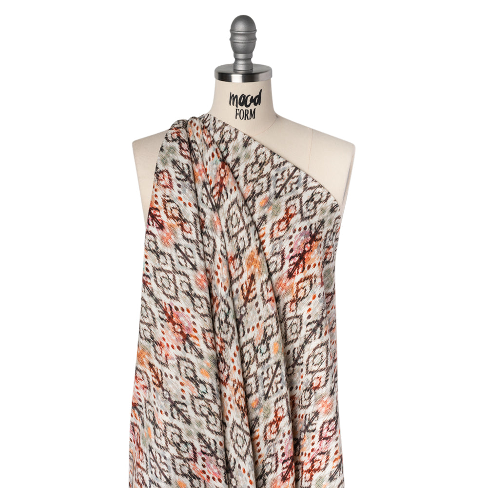 Slubbed Gauzy Cotton Woven - Red, Orange and Dark Green Geometric Ikat - Mood Exclusive Secret Symbols Print - Drape