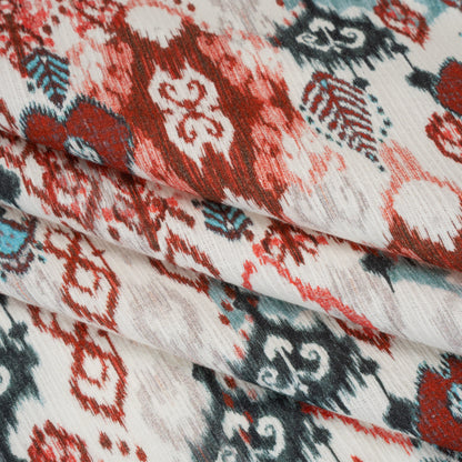 Slubbed Gauzy Cotton Woven - Coral Red, Dark Blue and Light Gray Ikat Leaves and Swirls - Mood Exclusive Fanciful Fairy Print