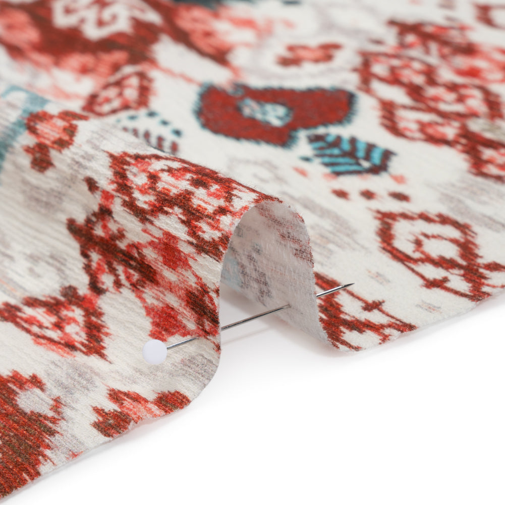 Slubbed Gauzy Cotton Woven - Coral Red, Dark Blue and Light Gray Ikat Leaves and Swirls - Mood Exclusive Fanciful Fairy Print - Detail