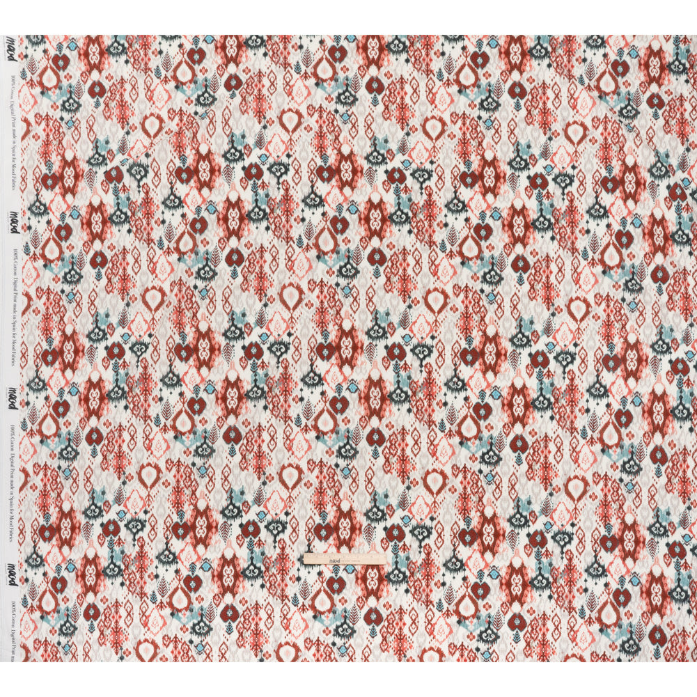 Slubbed Gauzy Cotton Woven - Coral Red, Dark Blue and Light Gray Ikat Leaves and Swirls - Mood Exclusive Fanciful Fairy Print - Full