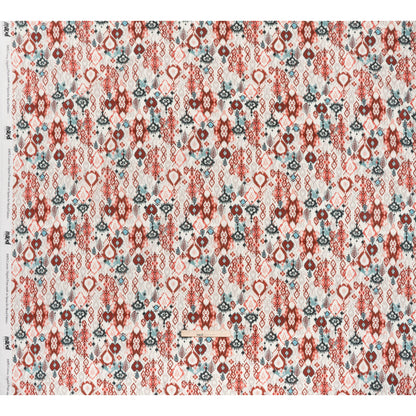 Slubbed Gauzy Cotton Woven - Coral Red, Dark Blue and Light Gray Ikat Leaves and Swirls - Mood Exclusive Fanciful Fairy Print
