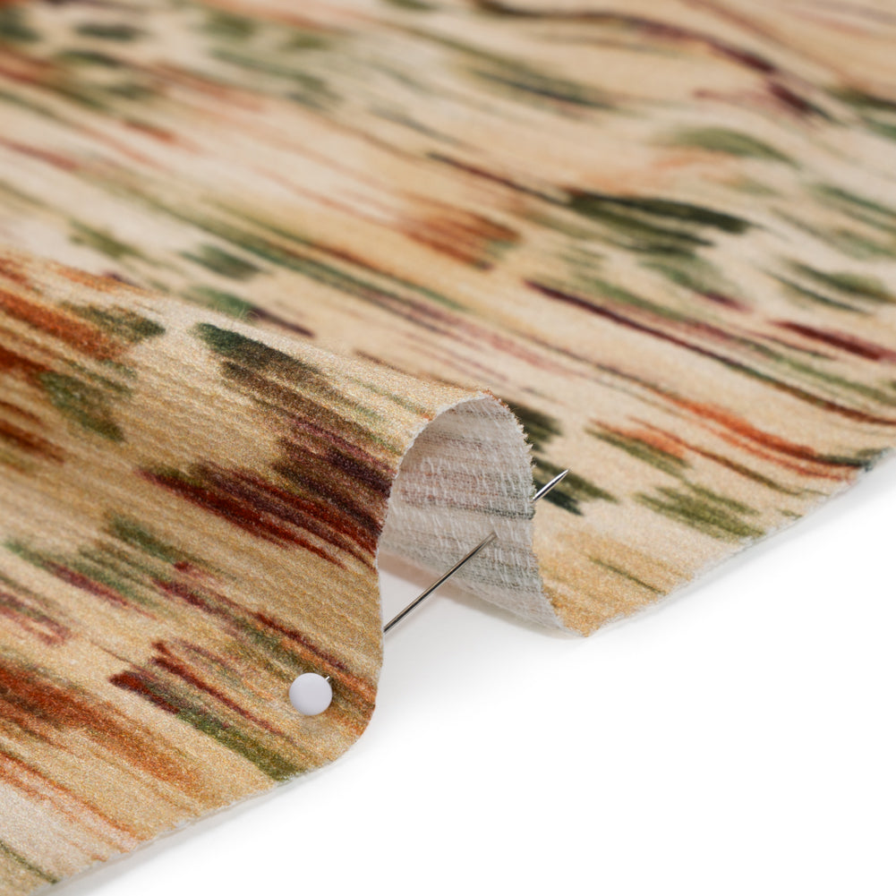 Slubbed Gauzy Cotton Woven - Beige, Burgundy and Green Abstract Painterly Ikat - Mood Exclusive Striate Shot Print - Detail