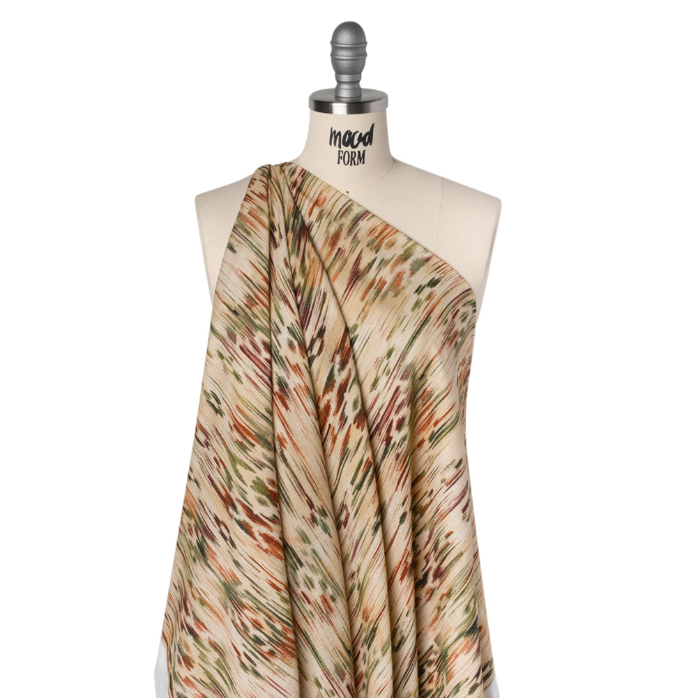 Slubbed Gauzy Cotton Woven - Beige, Burgundy and Green Abstract Painterly Ikat - Mood Exclusive Striate Shot Print - Drape