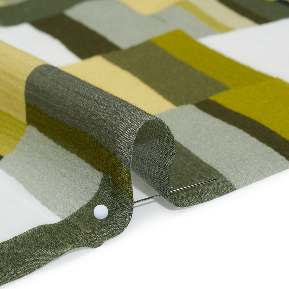 Crinkled Cotton Gauzy Woven - Golden Olive, Light Yellow and Dark Olive Green Blocks - Mood Exclusive Geode Geometry Print Detail