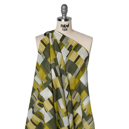 Crinkled Cotton Gauzy Woven - Golden Olive, Light Yellow and Dark Olive Green Blocks - Mood Exclusive Geode Geometry Print Drape