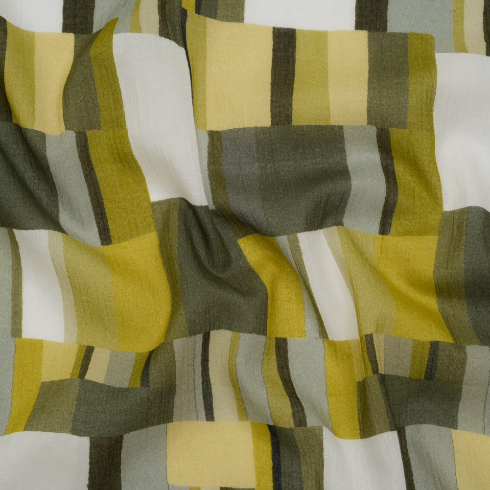 Crinkled Cotton Gauzy Woven - Golden Olive, Light Yellow and Dark Olive Green Blocks - Mood Exclusive Geode Geometry Print