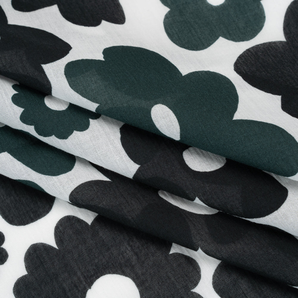 Crinkled Cotton Gauzy Woven - Navy Blue, Black and White Retro Florals - Mood Exclusive Boogie & Bloom Print Folded