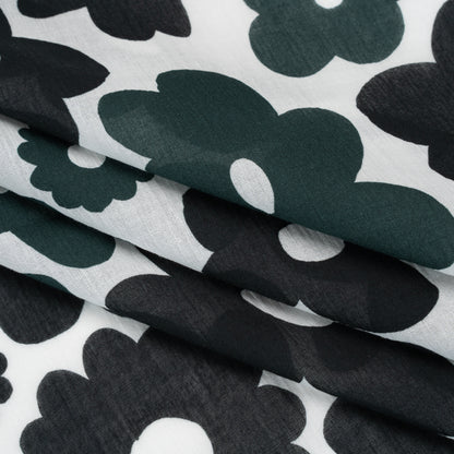 Crinkled Cotton Gauzy Woven - Navy Blue, Black and White Retro Florals - Mood Exclusive Boogie & Bloom Print Folded