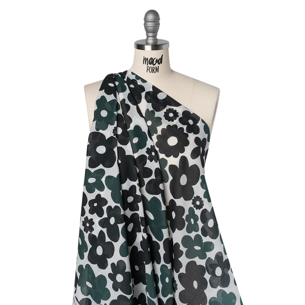 Crinkled Cotton Gauzy Woven - Navy Blue, Black and White Retro Florals - Mood Exclusive Boogie & Bloom Print Drape