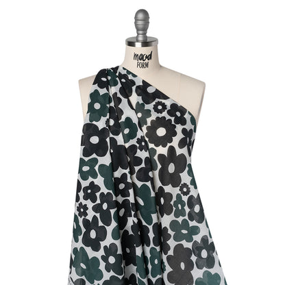 Crinkled Cotton Gauzy Woven - Navy Blue, Black and White Retro Florals - Mood Exclusive Boogie & Bloom Print Drape
