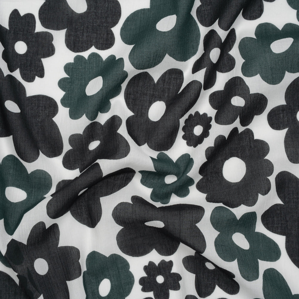 Crinkled Cotton Gauzy Woven - Navy Blue, Black and White Retro Florals - Mood Exclusive Boogie & Bloom Print