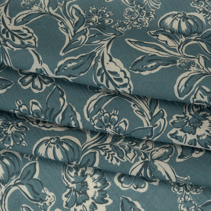 Crinkled Cotton Gauzy Woven - Sea Blue, Cream and Black Floral - Mood Exclusive Cottage Crawl Print Folded