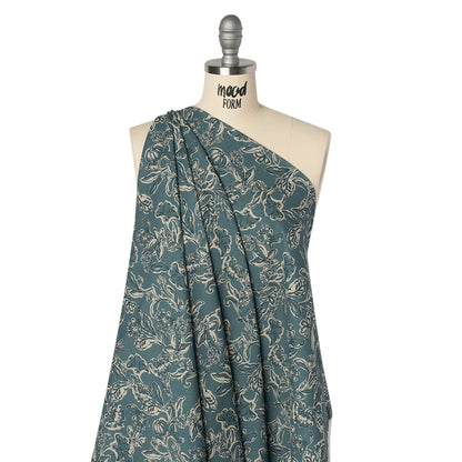 Crinkled Cotton Gauzy Woven - Sea Blue, Cream and Black Floral - Mood Exclusive Cottage Crawl Print Drape