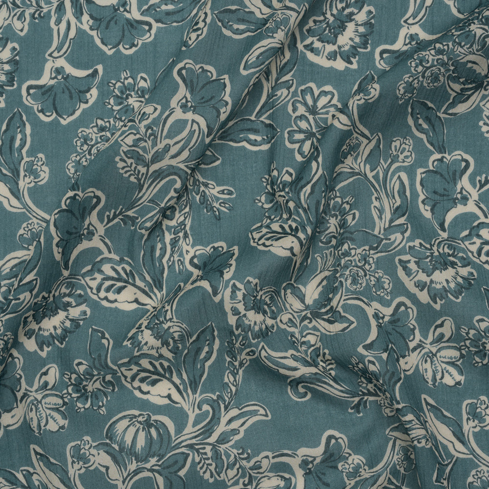 Crinkled Cotton Gauzy Woven - Sea Blue, Cream and Black Floral - Mood Exclusive Cottage Crawl Print