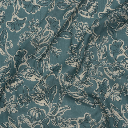 Crinkled Cotton Gauzy Woven - Sea Blue, Cream and Black Floral - Mood Exclusive Cottage Crawl Print