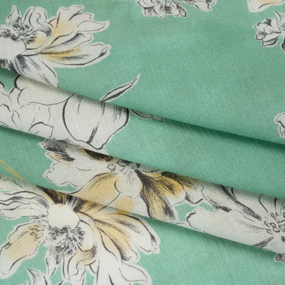 Crinkled Cotton Gauzy Woven - Mint Green, Golden Yellow and Off White Floral - Mood Exclusive Color Me Chrysanthemum Print Folded