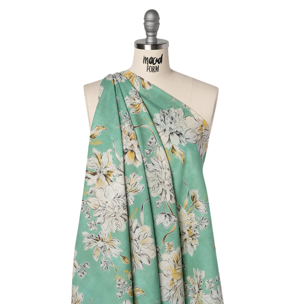 Crinkled Cotton Gauzy Woven - Mint Green, Golden Yellow and Off White Floral - Mood Exclusive Color Me Chrysanthemum Print Drape