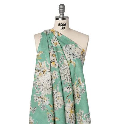 Crinkled Cotton Gauzy Woven - Mint Green, Golden Yellow and Off White Floral - Mood Exclusive Color Me Chrysanthemum Print Drape