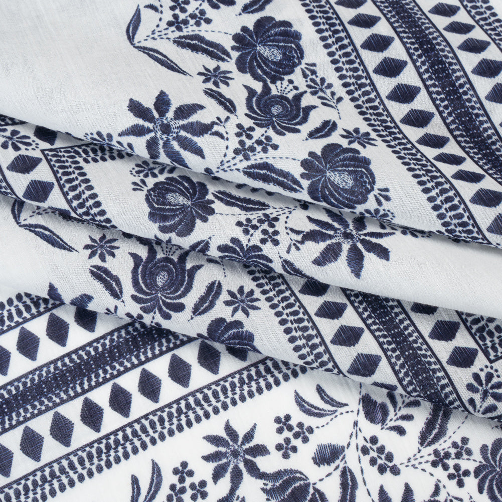 Crinkled Cotton Gauzy Woven - White and Navy Blue Floral Embroidery Squares - Mood Exclusive Porcelain Petals Print - Folded