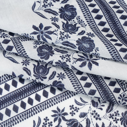 Crinkled Cotton Gauzy Woven - White and Navy Blue Floral Embroidery Squares - Mood Exclusive Porcelain Petals Print