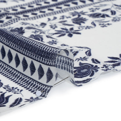 Crinkled Cotton Gauzy Woven - White and Navy Blue Floral Embroidery Squares - Mood Exclusive Porcelain Petals Print