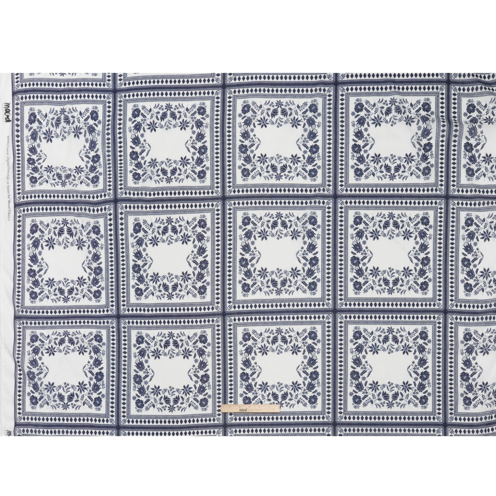 Crinkled Cotton Gauzy Woven - White and Navy Blue Floral Embroidery Squares - Mood Exclusive Porcelain Petals Print - Full