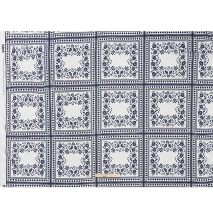 Crinkled Cotton Gauzy Woven - White and Navy Blue Floral Embroidery Squares - Mood Exclusive Porcelain Petals Print