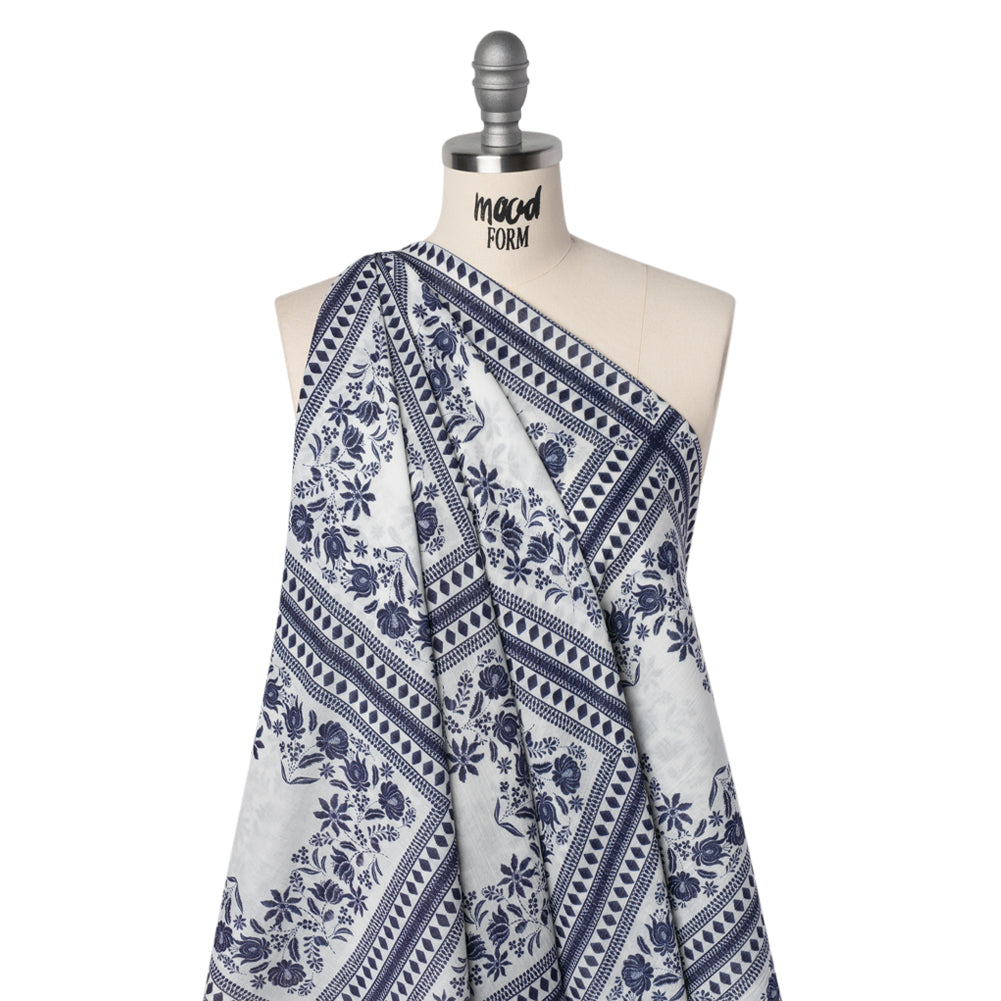 Crinkled Cotton Gauzy Woven - White and Navy Blue Floral Embroidery Squares - Mood Exclusive Porcelain Petals Print - Drape